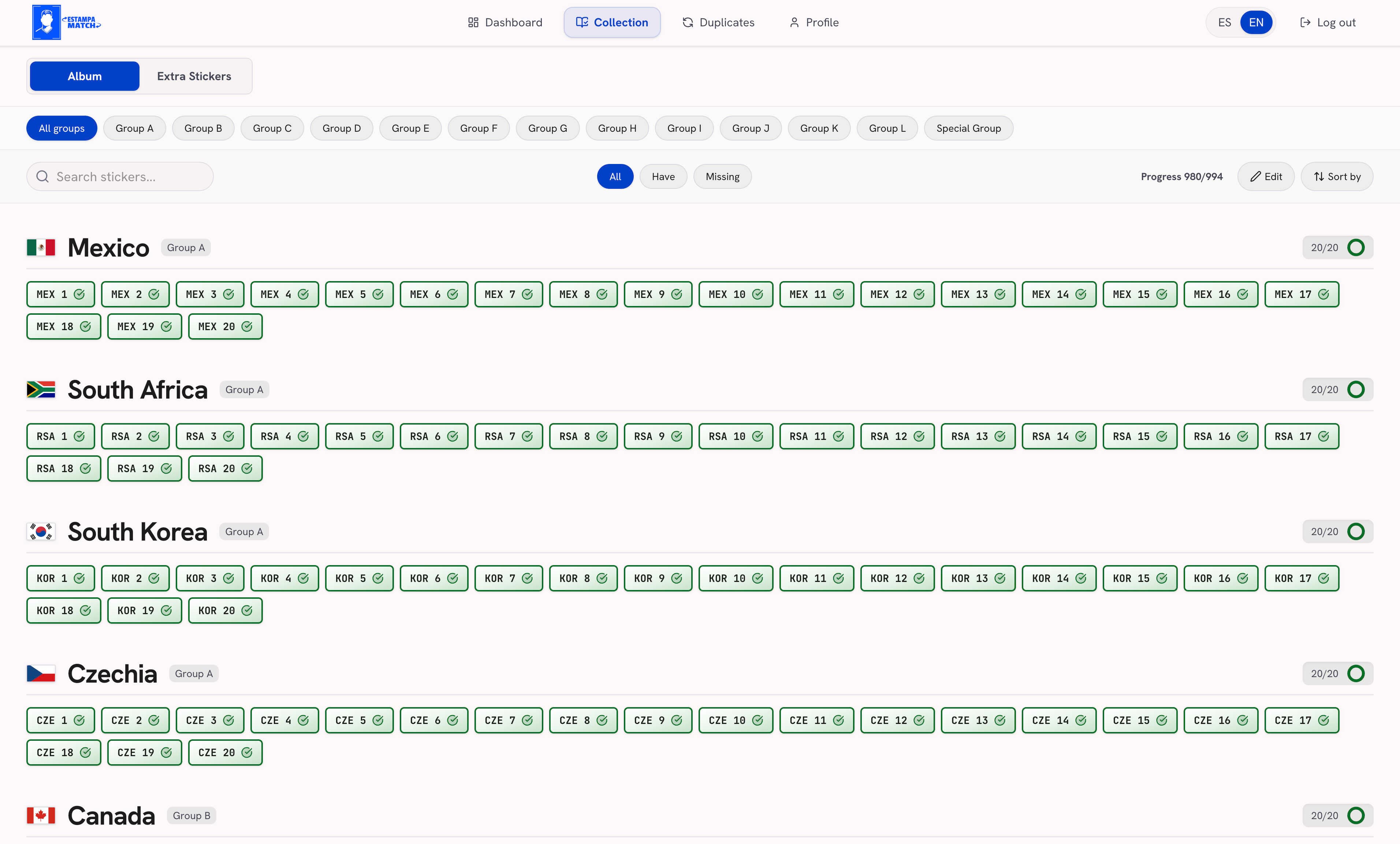 EstampaMatch Collection Tracking