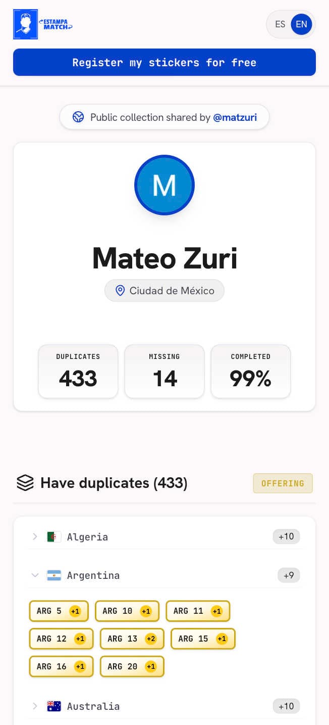 EstampaMatch Public Profile Mobile